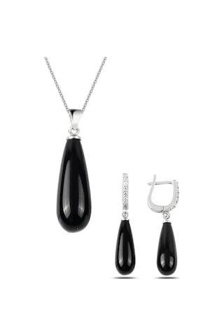 Gümüş Uzun Damla Model Kolye Küpe Oniks Taşlı Set