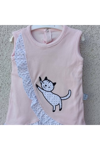 3-9 Ay Kız Bebek Badi Kedili Fırfırlı Bandanalı Pembe