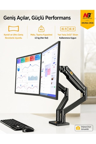 North Bayou G35 Çift Monitör Kolu 22"-32" Gazlı Yaylı Ergonomik Monitör Standı 2-12 Kg Vesa Uyumlu