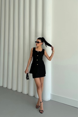 Sensuelle Jakar Keten Yelek - Kısa Etek Takım - Siyah Siyah