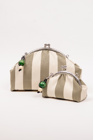 Fabric Craft Bag El Çantası İkili Set Kadın Duck Kumaş Çizgili Metal Klipsli 28x17 / 16x9 Cm Yeşil - Krem