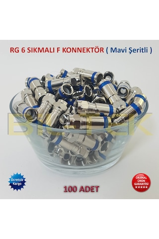 Rg6 Sıkmalı F Konnektör Mavi Şeritli - 100 Adet