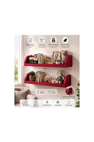 Duvar Rafı 50x13 Cm Mdf Çocuk Odası Kitap ,oyuncak Ve Dekor Rafı Kırmızı Kırmızı