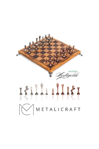 Mc34 Metal Satranç Takımı Gerçek Kayın Ağacı Satranç Tahtası - 25x25cm Antik Metal Taşlar