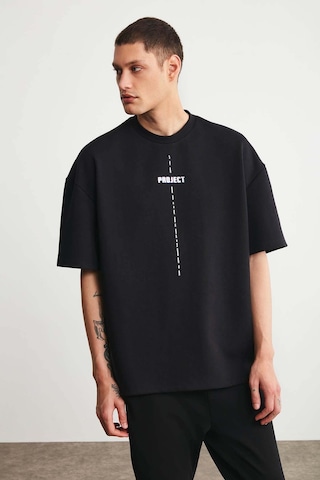 Grimelange Project Erkek Baskı Detaylı Oversize Fit %100 Organik Pamuk Örme Bisiklet Yaka Örme Siyah T-shirt