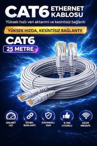 Cat6 Ethernet Kablosu 25m Gigabit Lan Kablosu Yüksek Hızlı İnternet Kablosu 25 Metre