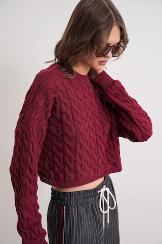 6863 Kadın Saç Örgülü Crop Triko Kazak Bordo Bordo