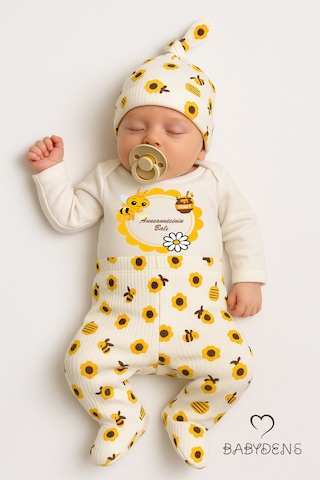 Babyden's Anneannesinin Balı Yazılı 3'lü Set Uzun Kol Body, Patikli Alt Ve Şapka Unisex Bebek Giyim Ekru