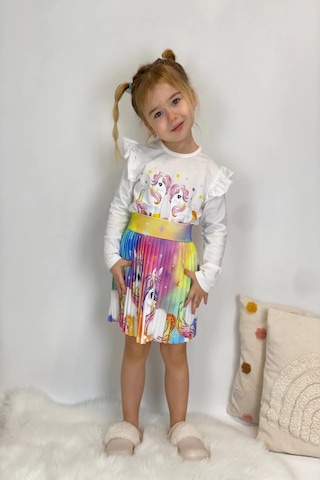 Unicorn Desenli Renkli Kız Çocuk Etekli Takım Kahverengi