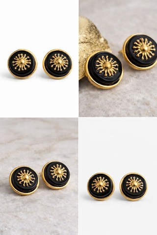 Kadın Küpe Vintage Düğme Model Gold Sun Küpe Siyah