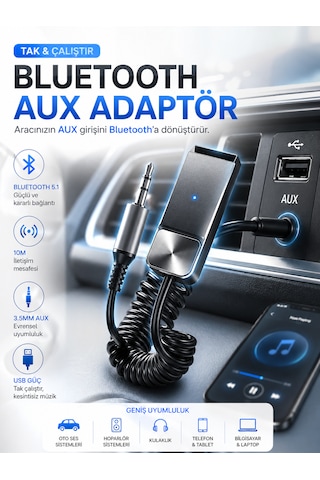 5.1 Aux Araç Kiti Bluetooth Çevirici Adaptör 3.5mm Jack Tak Çalıştır Kablosuz Müzik Alıcı 10m