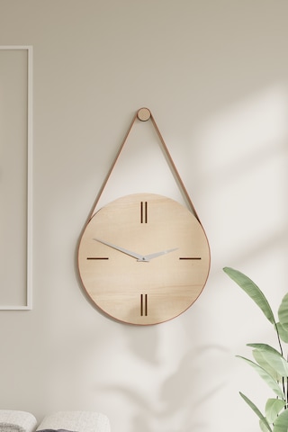 Dekoratif Deri Askılı Ahşap Duvar Saati Naturel