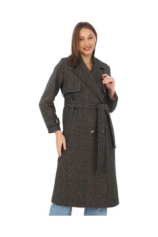 Kadın Balık Sırtı Yünlü Dokuma Kaşe Kaban Kruvaze Yaka, Kuşaklı, Cepli, Astarlı Uzun Boy Tesettür Kahverengi