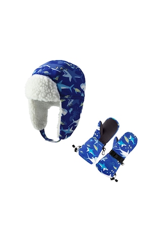 Su Geçirmez Erkek Çocuk Kar Bere Eldiven Set 2-4 Yas Kayak Snowboard Bere Eldiven Mavi Shark Mavi