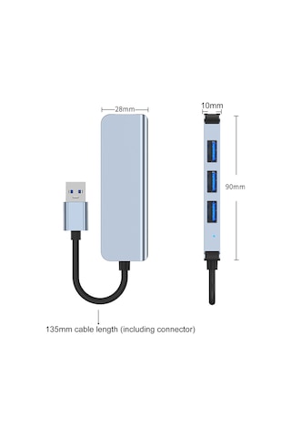 Reedark Usb 3.0 Hub 2013u - 1 Usb3.0 5gbps + 3 Usb2.0 480mbps Çoklayıcı, Uzay Gri, Abs+alüminyum, 13.5cm Kablolu