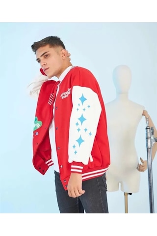Etiler Collection Erkek Kolları Yıldız Sırt Baskılı Oversize Kolej Ceket - Kırmızı