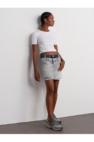 Dilvin Çift Renkli Mini Denim Etek Gri