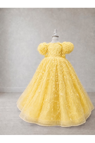 Star Kids Fashion Kız Çocuk Sarı Prenses Elbisesi Çiçek İşlemeli Kabarık Tül Uzun Abiye Doğum Günü Özel Gün Elbisesi