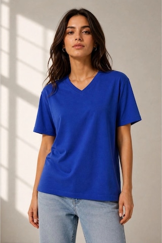 Wear Vexel Kadın V Yaka Basic Tişört Kısa Kol Yazlık Regular Fit T-shirt - Saks Mavisi Saks Mavisi