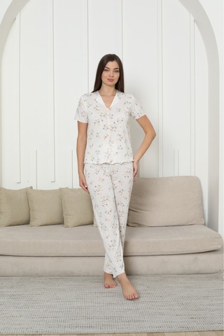 SUDE HOMEWEAR Kadın Örgü Kumaş Blue Flower Pattern Kısa Kol Pijama Takımı Sarı