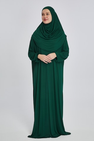 Pratik Başörtülü Rahat Giyilebilen Organik Tek Parça Namaz Elbisesi Zümrüt Zümrüt Yeşili