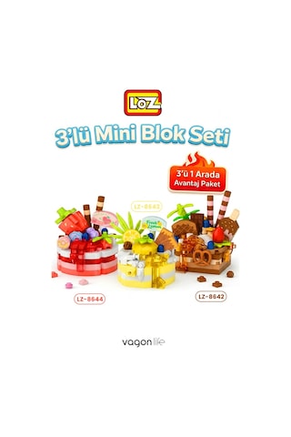 Loz Micro Block 3'lü Pasta Figürü 3 Farklı Model Dekoratif Oyuncak Yapım Seti Yapı Blok Seti