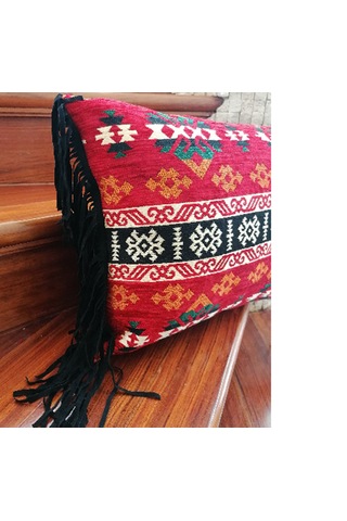 Etnik Kırmızı Kilim Püsküllü Kırlent Bohem Dekoratif İçi Dolgulu Yastık Kırmızı