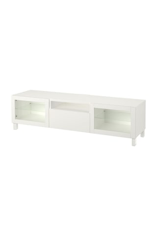Tv Sehpası, Beyaz-şeffaf Cam, 180x42x48 Cm, Lappvıken/sındvık, Çıt Çıt Raylı Beyaz