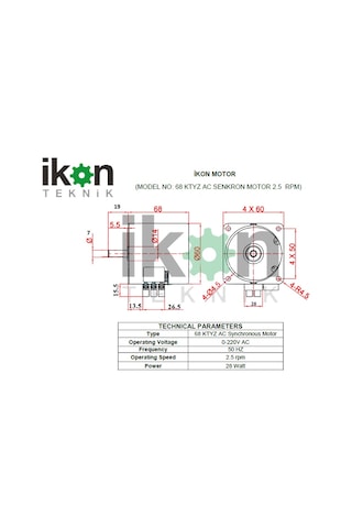 İkon Teknik AC SENKRON MOTOR 68 KTYZ 28 Watt 2.5 RPM 220 Volt