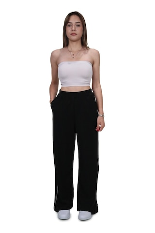 Kadın Modal Kumaş Kontrast Detaylı Siyah Düz Kesim Pantolon Siyah