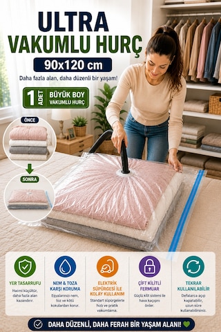Ultra Boy Vakumlu Hurç 90x120 Cm 1 Adet Çift Kilitli Vakum Poşeti Yorgan Battaniye Saklama Çuvalı Şeffaf