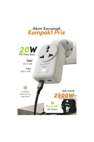 Fulltech Ftr-27 20w Pd Hızlı Şarjlı Akım Korumalı Kompakt Priz Beyaz Usb-c & Usb-a Çıkışlı 2500w G Kablosuz