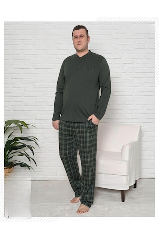 Pijamoni Erkek Battal Düğme Yaka Penye Uzun Kol Pijama Takımı 6720/13 - 1 Adet Haki