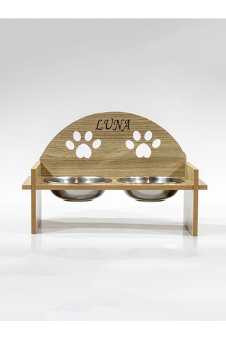 Oval Pati Desenli Ahşap İkili Çelik Kaseli Kedi Su ve Mama Kabı