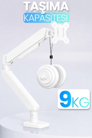 Tek Kollu Monitör Kolu Vesa Uyumlu Hareket Ayarlanabilir Monitör Standı 17-32" 9kg Kapasite Beyaz