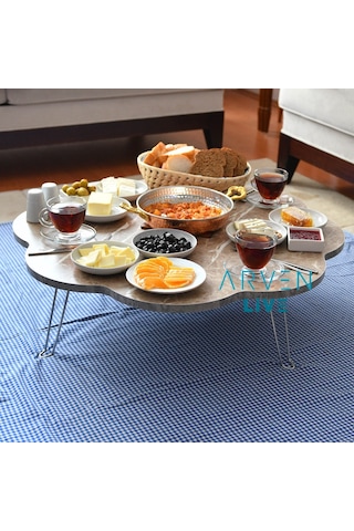 Arvenlive Sütlü Kahve Mermer Desenli Ahşap Katlanabilir Papatya Yer Sofrası