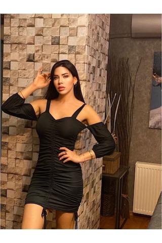 Büzgü Detaylı Kollu Kadın Mini Elbise