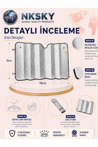 1. Kalite Oto Ön Cam Güneşliği 136x70 Cm Baloncuklu Metalize Katlanabilir Araba Güneşlik Perde
