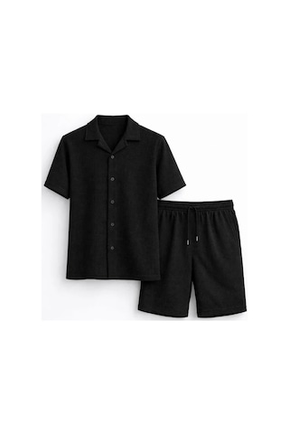 Efnaz Style Erkek Waffle Kumaş Kısa Kollu Gömlek Şort Takım Regular Fit Yazlık İkili Set - Siyah