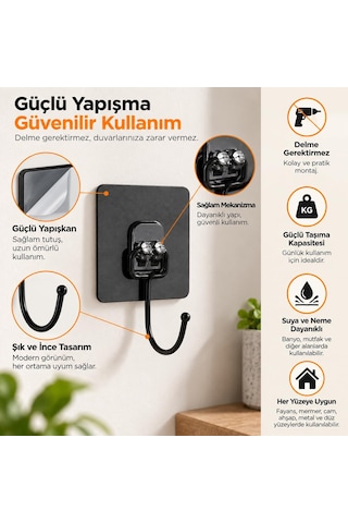 Orret Home 10 Adet Güçlü Yapışkanlı Askı, Delmeden Montaj Siyah Duvar Askılığı, Banyo Mutfak Havlu Anahtar Çanta Askısı, 6,5 X 6,5 Cm Yapışkanlı Kanca Seti 12 Izgara