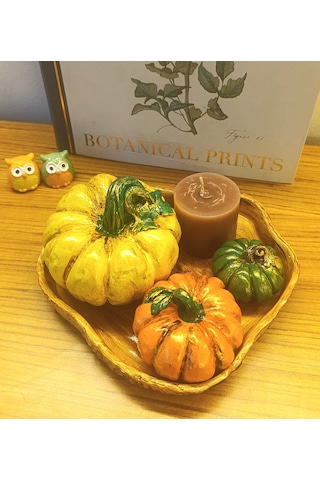 Kabak Figürlü Dekor Seti Doğal Masa Süsleri-kabak & Mum Seti-biblo Dekoratif Tepsili Set B. Boy Sarı Tepsili Set