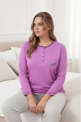 Kadın Bisiklet Yaka Düğmeli Kelebek Nakışlı Uzun Kol Büyük Beden Pamuk Curve Gecelik mor