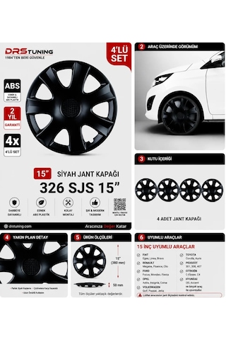 Volkswagen Uyumlu 15 Inç Kırılmaz Parlak Siyah Jant Kapağı 1 Takım 4 Adet No:326