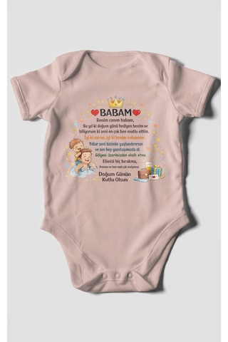 Morivokids Babam Doğum Günün Kutlu Olsun Kısa Kollu Bebek Body %100 Pamuk Pastel Pembe