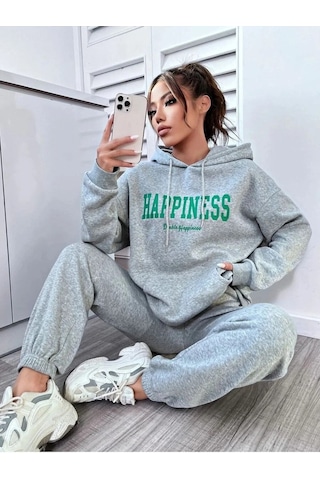 Kadın Gri Happiness Alt Üst Eşofman Takımı Oversize Kapüşonlu Gri