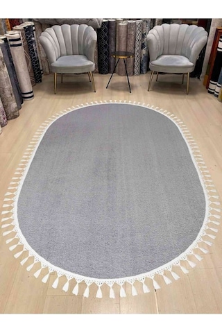Vl Oval Comfort Overloklu Peluş Halı Beyaz Saçaklı Oval Gri