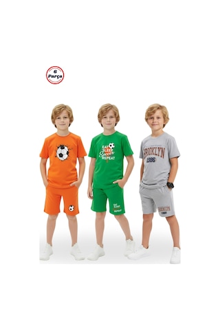 Fyk Kids 3'lü Bisiklet Yaka Baskı Detaylı Renkli Kaprili Erkek Çocuk 6 Parça Alt Üst Takım Turuncu-yeşil-gri
