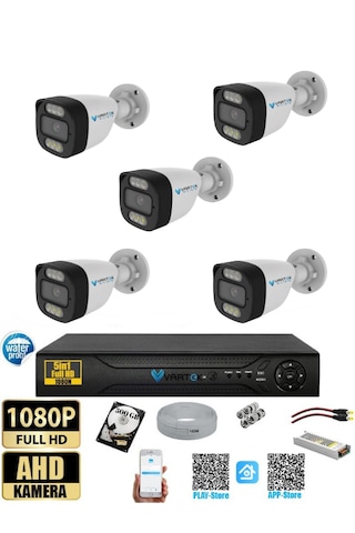 5 Kameralı 500gb Hdd Güvenlik Kamera Seti 5mp 1080p Full Hd Tam Renkli Gece Görüş Dvr Kayıt Cihazlı Tak Çalıştır Sistem