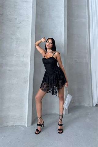 Dip Moda Kadın İçi Şortlu Prenses Mini Elbise Dpnbdf060 Siyah