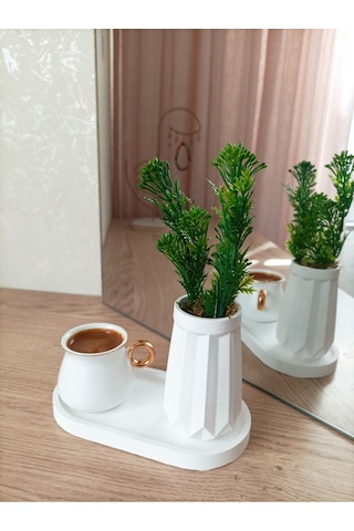 Mini Düz Desenli Beton Saksı Tekli Ve Oval Tabak - Yapay Çiçek Hediyeli - Yeşil Tomurcuk